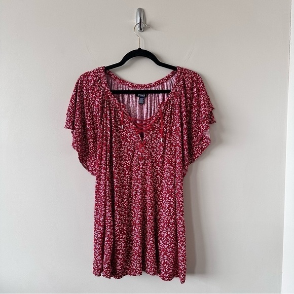 CHAPS-FLORAL Peasant Lace Up Detail Blouse (Size:1X) - Picture 1 of 8